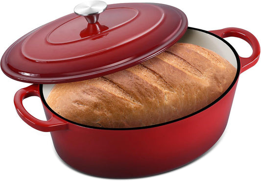 7 Quart Oval Dutch Oven with Lid, Leonyo 7QT Enameled Oval Cast Iron Dutch Oven for Sourdough Bread Breaking, Heavy Duty Cookware for Braising, Stews, Roasting, Red - Nestoria
