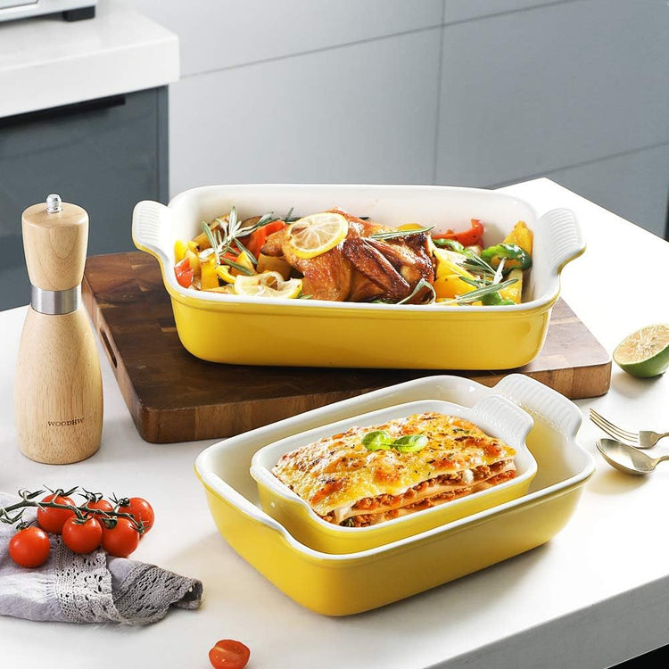 Sweejar Baking Pans Set, Ceramic 9x13 Baking Dish with Handle, Rectangular Casserole Dishes for Oven, Bakeware Sets of 3, Durable Lasagna Pan Deep for Kitchen, Banquet, Wedding Gift(Yellow)