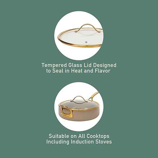 Bloomhouse - Two Time Oprah's Favorite Things Winner - 6 QT Heavy Duty Aluminum Premium PFA Free Ceramic Nonstick Saute/Deep Frying Pan Skillet with Lid - Cappuccino Cream with Gold Handle