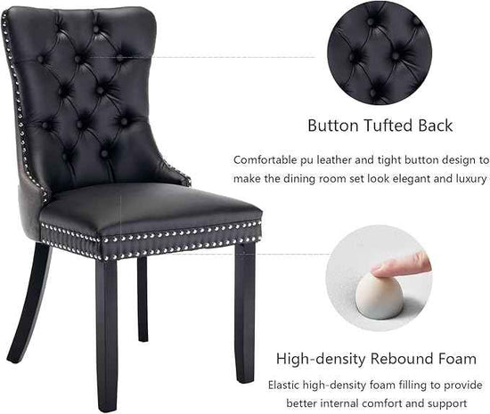 Dining Chairs Set of 4, Upholstered Dining Room Chairs with Back Ring Pull Trim and Solid Wood Legs, Modern Tufted Kitchen Chairs Perfect for Dining Room, Black Pu Leather Splicing Grey Velvet