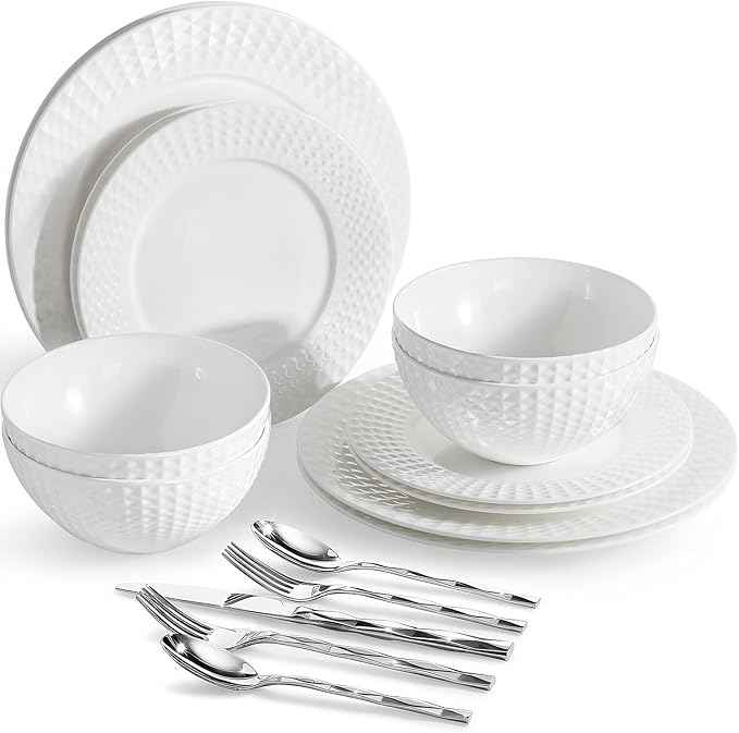 KINGSTONE 12-piece Bone China Dinnerware Set and 20-piece silverware, White Lightweight Porcelain for 4, Plates, Bowls with matching flatware, Microwave and Dishwasher Safe, for Family, Gifting