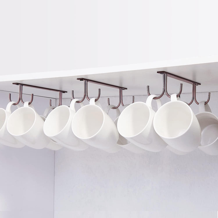 Mug Rack Under Cabinet - Coffee Cup Holder, 12 Mugs Hooks Under Shelf, Display Hanging Cups Drying Hook for Bar Kitchen Utensils Brown