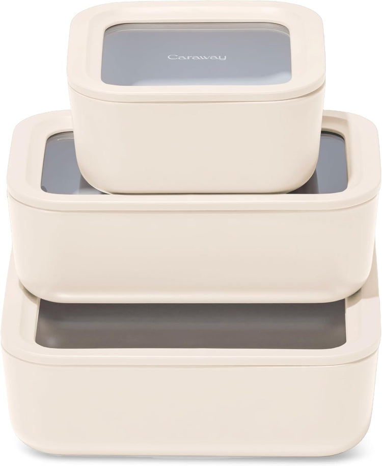 Caraway 3pc Glass Food Storage Set – 10 Cup, 6.6 Cup, & 4.4 Cup Food Containers - Ceramic Coated - Non Toxic Non Stick Lunch Box with Glass Lids - Dishwasher, Oven, & Microwave Safe - Cream