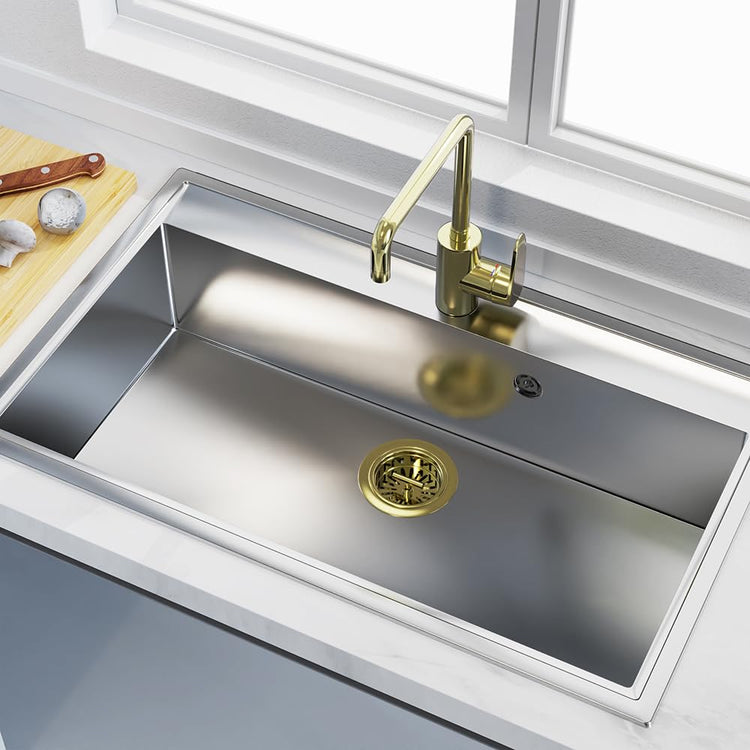 3-1/2 Inch Kitchen Sink Drain Assembly Stainless Steel Gold Kit with Strainer Basket/Rubber Stopper, Rustproof Durable Gold Finish Replacement for Standard Commercial Sink Drains