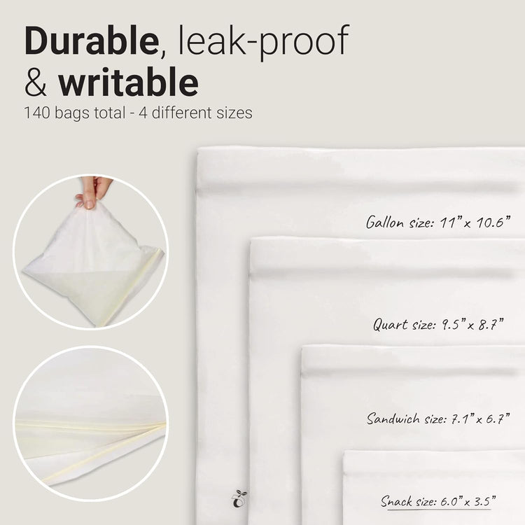 Vove Compostable Zip Bags 140-Pack | Multi-Size Biodegradable Food Storage Bags | PLA PBAT Eco-Friendly | Certified Sustainable Kitchen Storage | Zero Waste