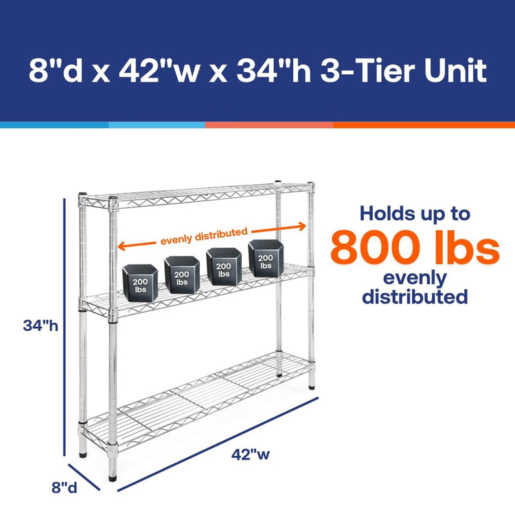 Shelving Inc. 8" d x 42" w Chrome Wire Shelving with 3 Tier Shelves
