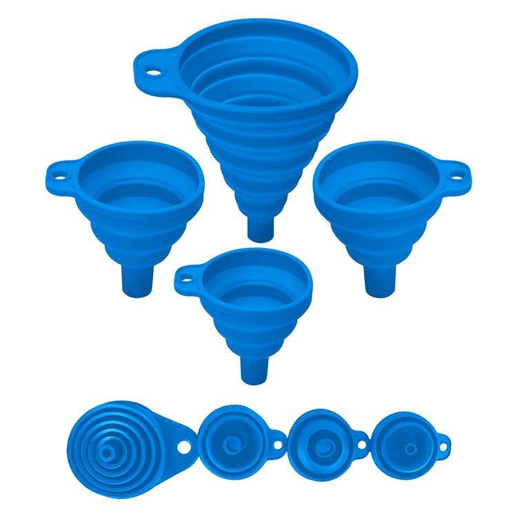 Set of 4 Silicone Collapsible Kitchen Funnel - X-Small to Large Sizes for Easy Liquid Transfer Food Grade Silicone Collapsible Gadgets (Blue)