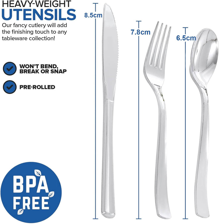 400PCS Pre Rolled Silver Plastic Silverware Sets - Heavy Duty Silver Cutlery - Include 100 Pack Wrapped Disposable Utensils with Napkins for Parties & Dinners & Weddings