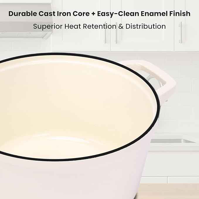 QuliMetal Enameled Cast Iron Set 5-Pc, 10" Stackable Space-Saving Cookware Set, Dutch Oven, Skillet, Grill Pan, with 2 Universal Lid, Versatile Enamel Dutch Oven, Included Spacers, White