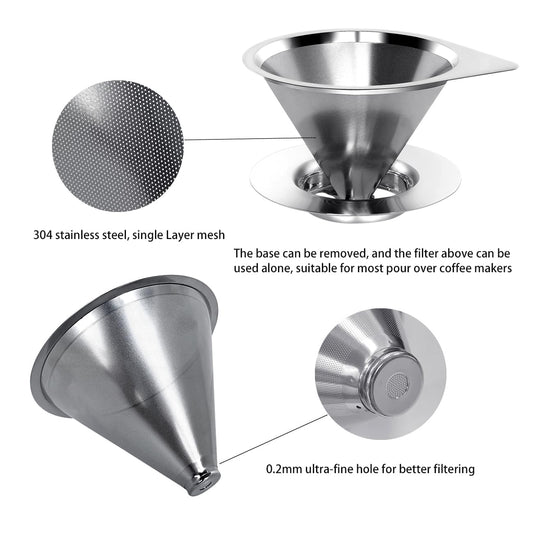 Pour Over Coffee Dripper Reusable Coffee Filter Paperless Coffee Filter Stainless Steel Pour Over Coffee Maker Cone Coffee Dripper for 1