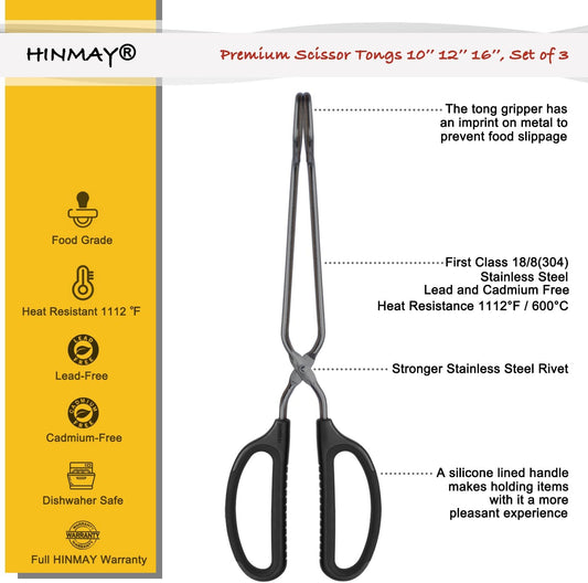 10" 12" 16" Stainless Steel Kitchen Tongs Set, Non-Slip Comfortable Grip Scissor Tongs for Cooking, Grilling & Serving, Set of 3