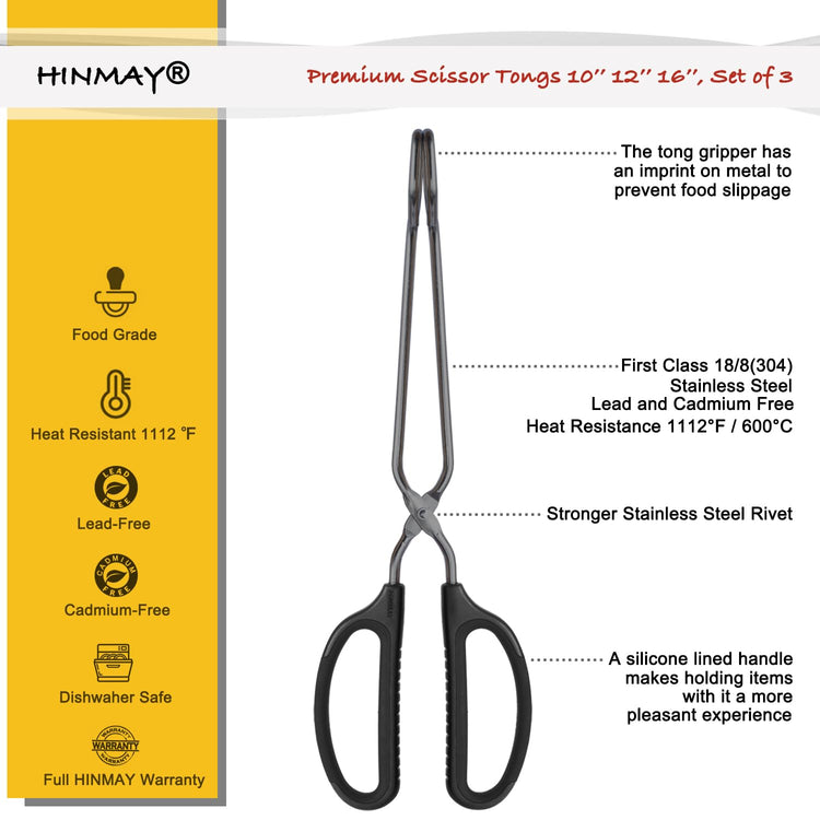 10" 12" 16" Stainless Steel Kitchen Scissor Tongs Set