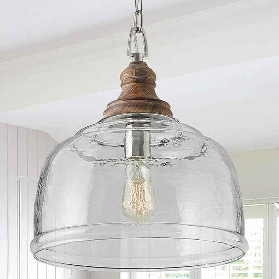 Capital Lighting 330318GY Julian Coastal Style Clear Organic Rippled Glass Pendant with Handcrafted Mango Wood Finial, 1-Light 60 Watt, 16" H x 14" W, Grey Wash