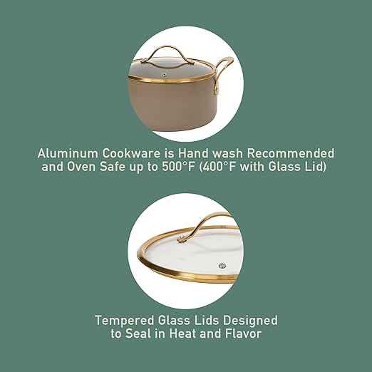 Bloomhouse - Two Time Oprah's Favorite Things Winner - 8 Piece Pots and Pans Heavy Duty Aluminum Premium PFA Free Ceramic Nonstick Dutch Oven Pot with Lid - Cappuccino Cream with Gold Handle