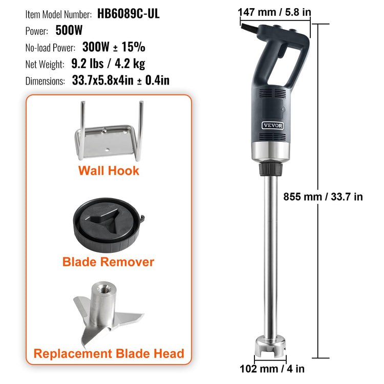 Commercial Immersion Blender 500 W 20 Inch Heavy Duty Hand Mixer