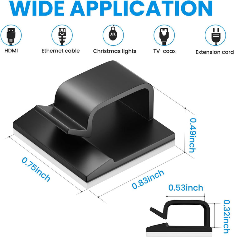100 PCS Adhesive Cable Clips Black (50 Small & 50 Large), Cable Management Under Desk, Cable Wall Clip, Wire Clips for Cords of Car Dash Cam, HDMI, Extension Cord, TV PC Phone USB Ethernet Coax