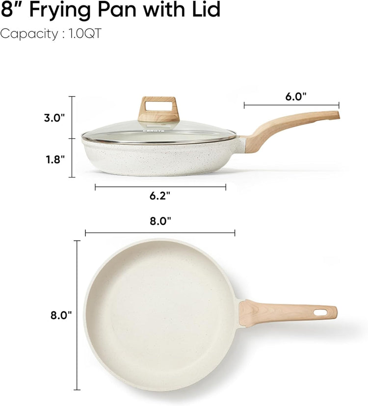 CAROTE 8 Inch Non Stick Frying Pan with Lid,White Granite Nonstick Skillet Omelet Pans, Egg Pan Granite Cookware, PFOS & PFOA Free