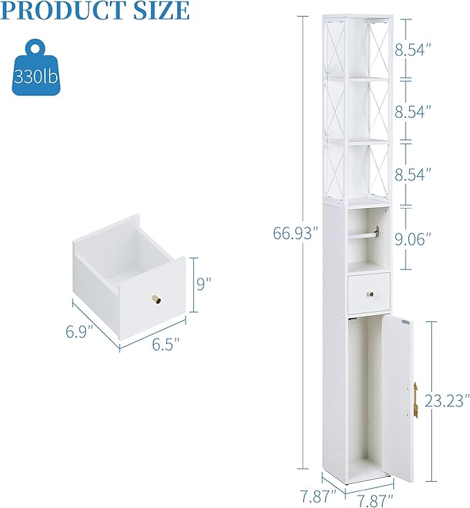 VECELO 67" Narrow Storage Cabinet, Tall Slim Corner Cabinet, Corner Storage with X-Shaped Metal Frame, Toilet Paper Holder, Magnetic Door, Ideal for Small Space, White