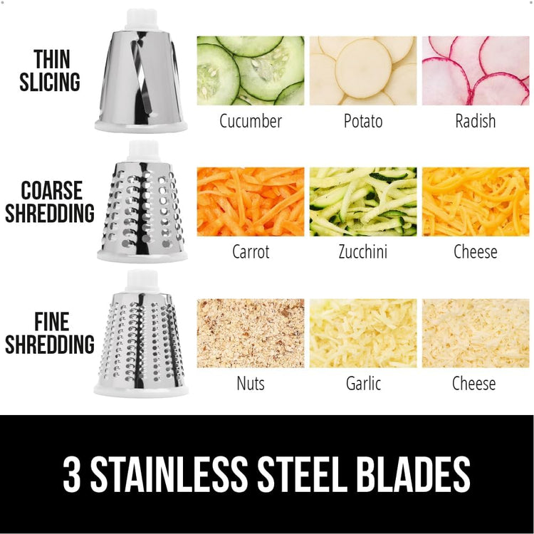GORILLA GRIP BPA-Free Rotary Cheese Grater Hand Crank, Easy to Set Up, Strong Suction Base for Kitchen Countertop, Shred Potato, Vegetable, Nuts in Seconds, Round Mandoline Slicer, 3 Blades, White