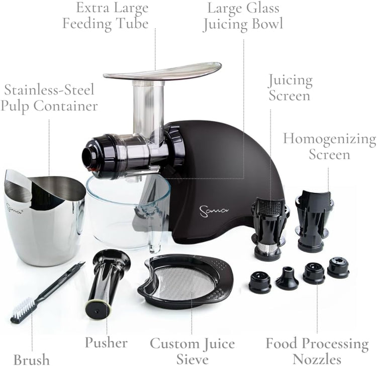 Cold Press SANA 707 Classic Horizontal Single Auger Low Speed Juicer | Easy Clean, Powerful, Auto Feed, Celery Attachment, Frozen Desserts, Pasta Extrusion, 15 Year Warranty, Black