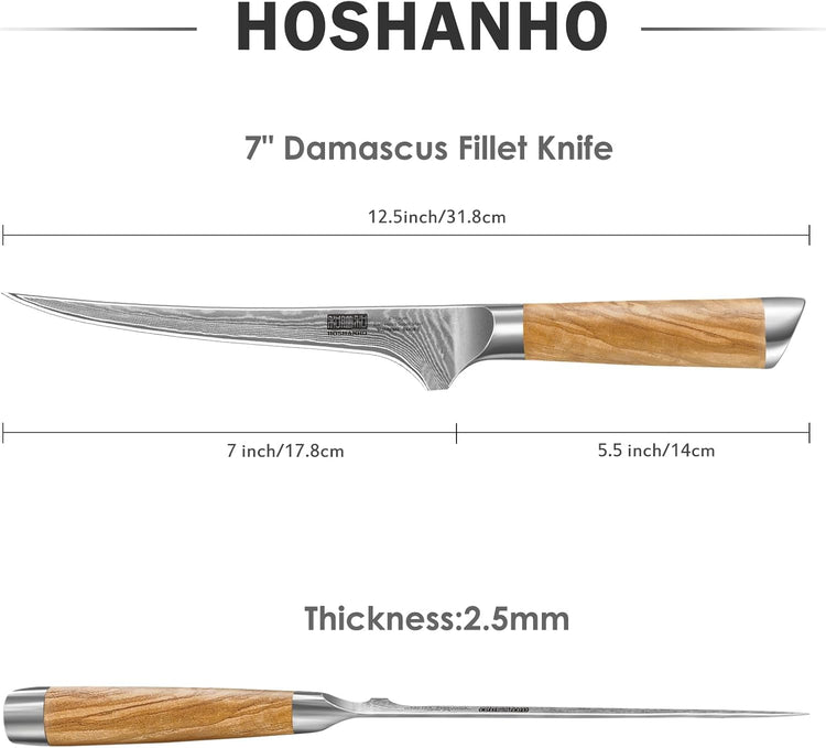 7 Inch Damascus Fillet Knife, Professional VG-10 Super Steel Japanese Boning Knife, Ultra Sharp Fish Knife with Ergonomic Olive Wood Handle