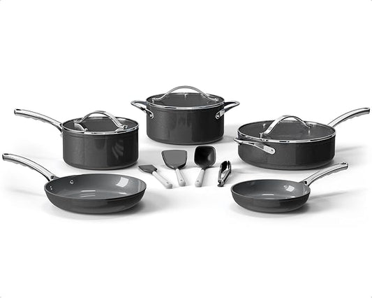 Bakken 12-Piece Aluminum Cookware Set with Ceramic Nonstick Coating, PTFE & PFAS Free, All Stovetop Safe Up To 500°F, Pots and Pans Set with Lids, Silicone Utensils Included, Dishwasher Safe, Black