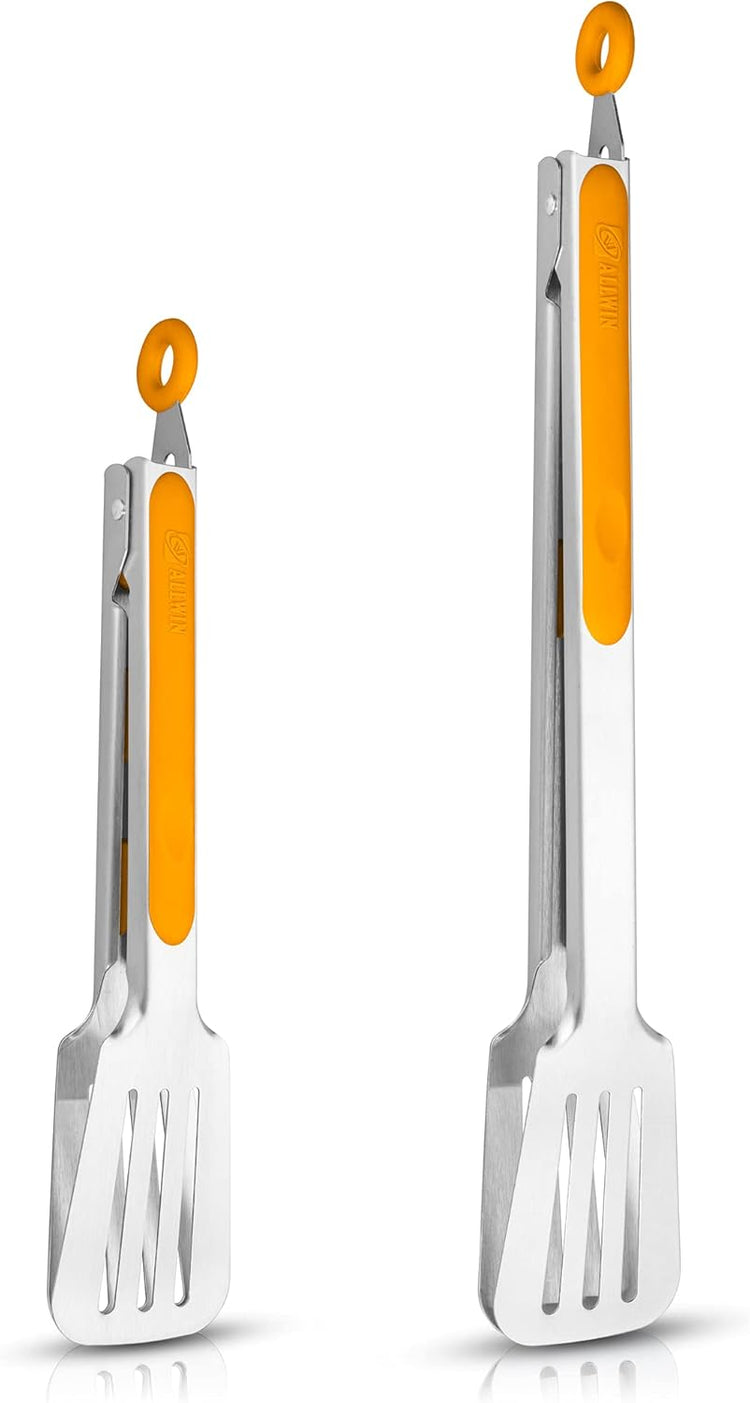 Premium 304 Stainless Steel Barbecue Turners, Heavy Duty Non-Stick BBQ Cooking Kitchen Tongs, 9" and 12" Orange