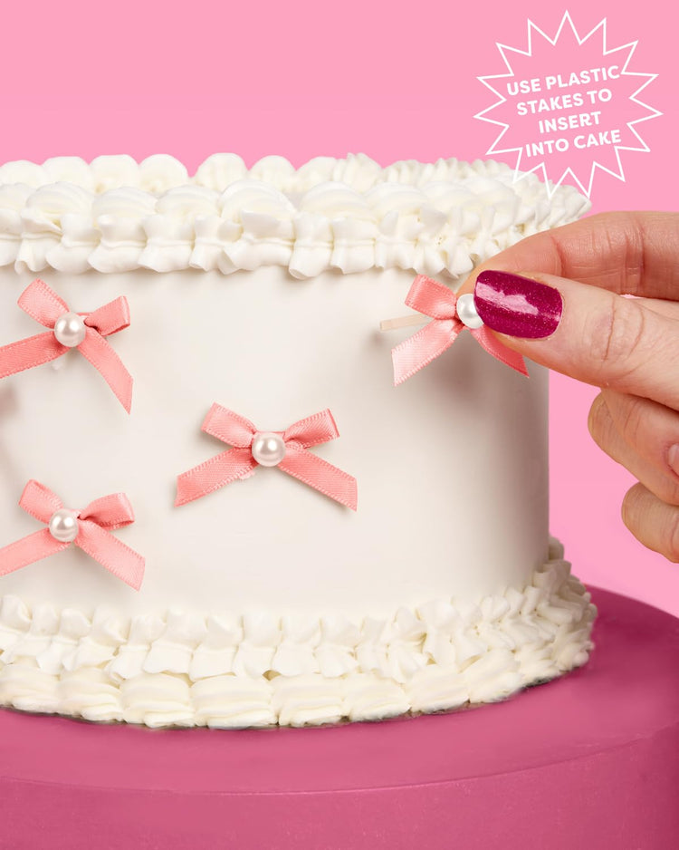 Mini Pink Bow + Pearl Cake Toppers