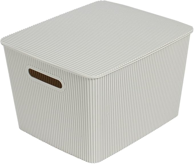 Glad Storage Baskets with Lids - Set of 4 Stackable Plastic Boxes with Handles - Decorative Shelf Organizer Bins for Bathroom and Closet, Grey, 4.7 Gallon