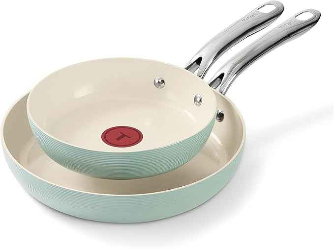 T-Fal Inspire Ceramic Nonstick Frying Pan 2-Pc Set, 8" & 10", Oven Broiler Safe up to 50°F Cookware, Ceramic Frying Pan Skillet, Pots & Pans, Mint Green