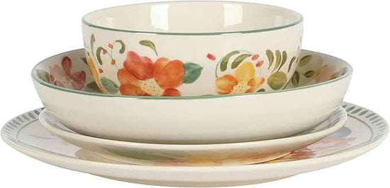 Bloomhouse Cassia Bud 16 Piece Double Bowl Hand Painted Stoneware Plates and Bowls Floral Dinnerware Set