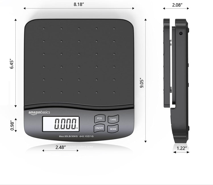Amazon Basics Digital Postal Scale, AC Adapter, 65 lb Capacity, 0.1 oz Readability, Black