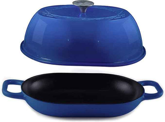 Enameled Cast Iron Dutch Oven for Professional Sourdough Bread Baking | 5.5 Quart Loaf Size Oval Cookware Pot with Lid | Triple-Layer Enamel Coating Pan with Non Stick Silicone Mat | Blue