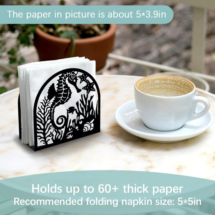Seahorse and Coral Decorative Black Metal Napkin Holder for Table