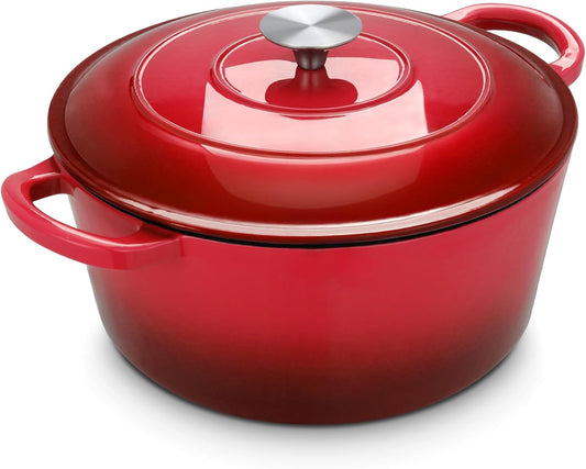 LIFERUN 6 Qt Enameled Cast Iron Dutch Oven Pot with Lid，Oven Safe up to 500° F, Non-Stick Dutch Oven with Dual Handles for Bread Baking, Fry Foods, Braising, Stews, Roasting (Red) - Nestoria