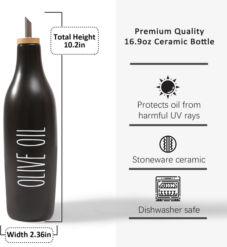 HOMCDALY Olive Oil and Vinegar Dispenser Set, Ceramic Oil and Vinegar Bottles with Bamboo Tray, 16.9oz Kitchen Cruet - Set of 2 - Black