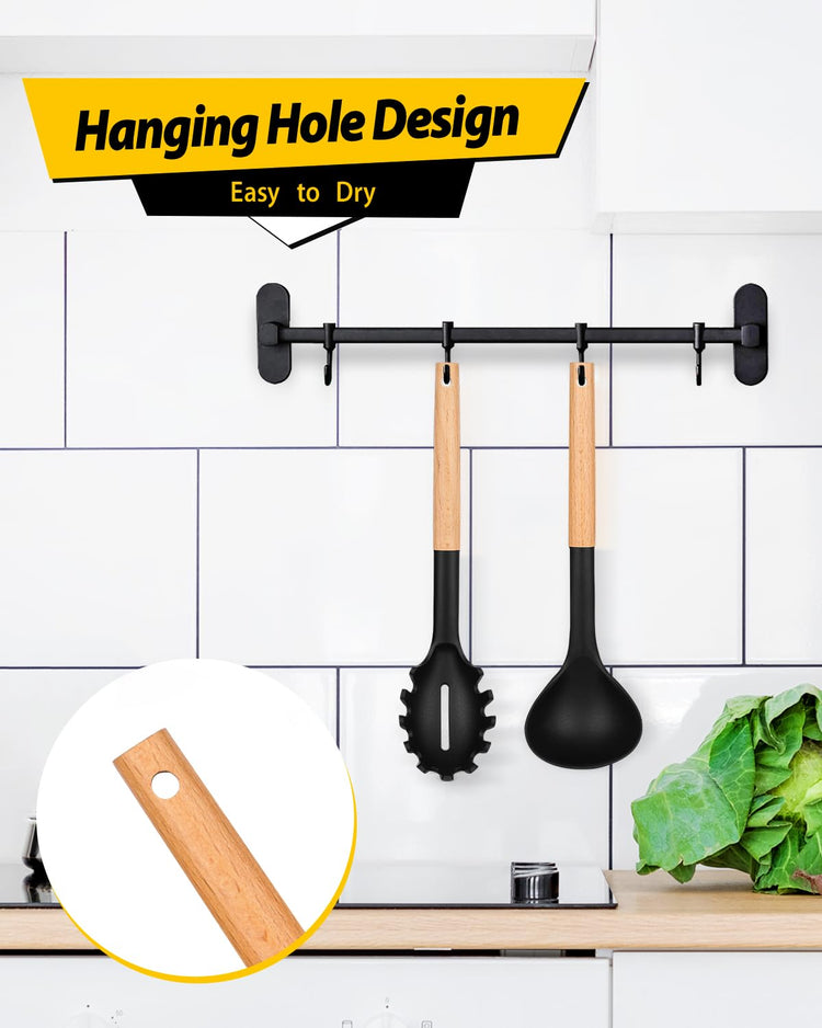 Silicone Pasta Fork and Ladle Spoon Set with Wooden Handle (2 Count)