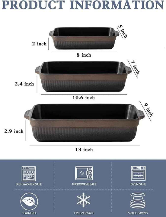 Kanwone Ceramic Baking Dishes, Rectangular Lasagna Pans, Casserole Dishes, Bakeware Set for Cooking, Kitchen, Cake Dinner, 9 x 13 Inches, Stripe Series - Reactive Glazed (Matte Black)