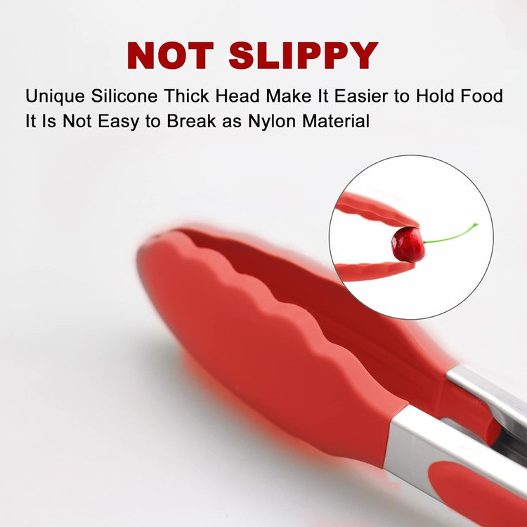 Set of 2 Kitchen Tongs 9-Inch & 12-Inch, Premium Stainless Steel BPA Free Silicone Non-Stick Grilling Barbeque Cooking Locking Food Tongs, Red
