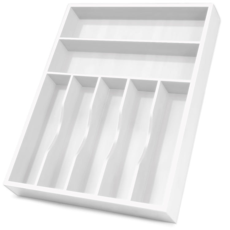 White Utensil Organizer 12.5 Inch Silverware Tray for Drawer Utensil Holder Cutlery Organizer Kitchen Drawer Organizer 7 Compartment Small Narrow Bamboo