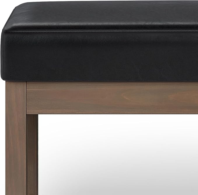 SIMPLIHOME Milltown Large Ottoman Bench - 44 inch Wide Upholstered Vegan Leather Rectangle Footstool Ottoman in Midnight Black, Contemporary Bench for Bedroom with Cushioned Seat, Assembled