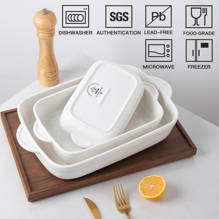 Sweejar Casserole Dishes for Oven, Ceramic Bakeware Set of 3, Lasagna Pan Deep with Handle, Rectangular Baking Pan Set, 9x13 Baking Dish for Cooking, Banquet and Daily Use (White)
