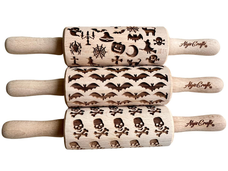 HALLOWEEN 3 Mini Embossed Rolling Pin Set. Wooden Laser Engraved Textured rolling pins for Cookies