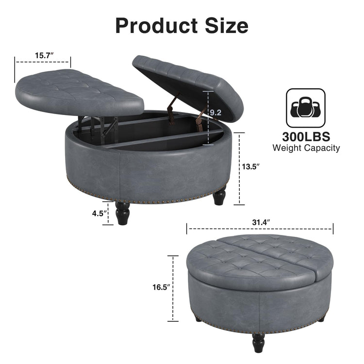 30 Inch Large Round Ottoman with Storage Circular