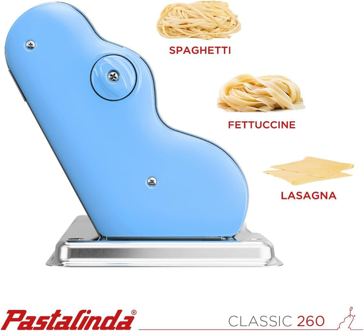 PASTALINDA Classic 260 Pasta Maker Machine, 26 cm Wide Rollers, 9 Thickness Positions, 2 Cutting Positions, Stainless Steel. Includes Reinforced Hand Crank And Two Clamps (Light Blue)