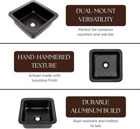 Monarch Abode Kitchen & Bar Sink – 12-inch Glasgow Dual Mount Drop in Bar Prep Sink, Hand Hammered Matte Black Aluminum Sinks, Drop in or Undermount Kitchen Sinks, Decorative Single Dual Mount Bowl