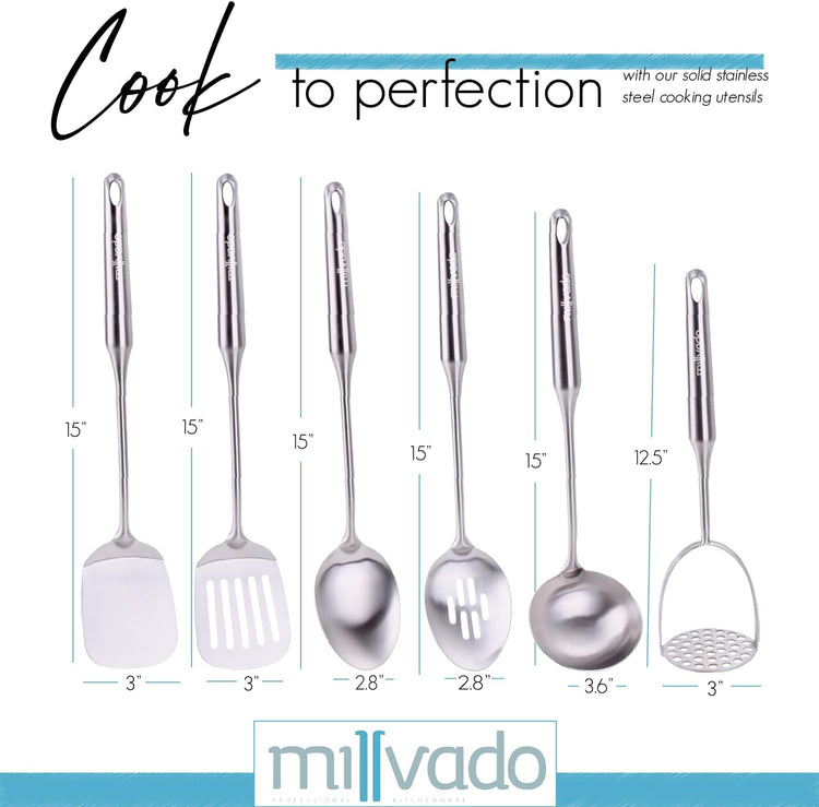 Stainless Steel Kitchen Utensil Set, Cooking Utensils, Set of 6 Kitchen Tools, Solid Spoon, Slotted Spoon, Solid Turner, Slotted Turner, Soup Ladle, Potato Masher, Dishwasher Safe