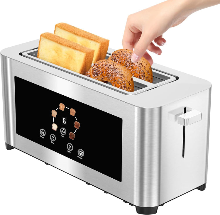 Touch Screen Smart Toaster 4 Slice, LCD Display, 1.6" Long Slot Toaster with 6 Shade Settings, Defrost, Reheat & Removable Tray, Wide Slot for Long Bread, Bagels, Waffles, 1300W, Stainless Steel