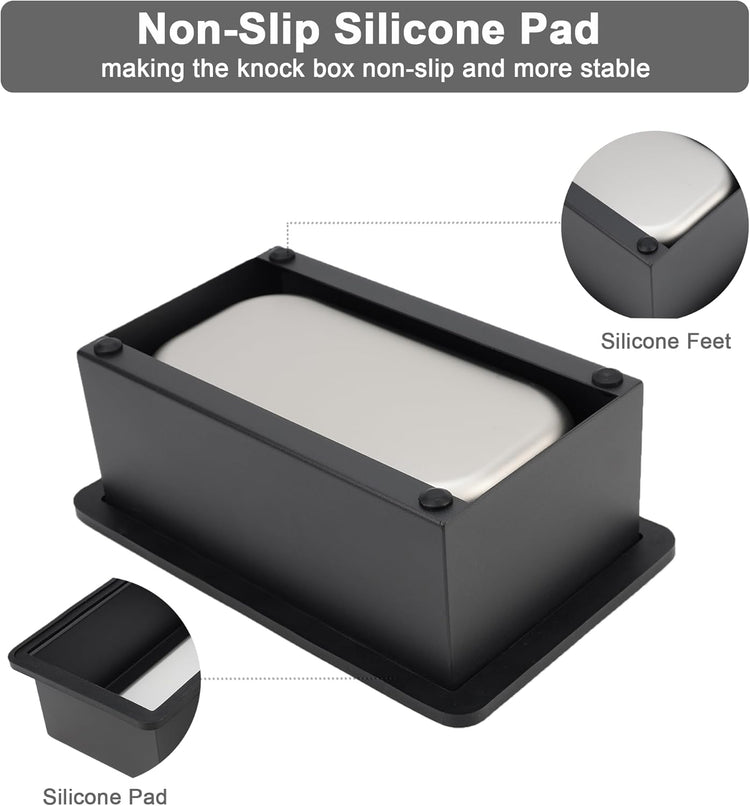 Espresso Knock Box, Coffee Knock Box for Espresso Grounds Disposal, Large Capacity, Equipped with Noise Reduction Rubber Ring & Steel Holder, Ideal Tool for Espresso Machines, Black (Large)
