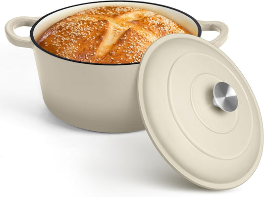P&P CHEF 7QT Enameled Dutch Oven, Cast Iron Dutch Oven Pot with Lid for Bread Baking, Enameled Casserole Pot for Roasting Braising Stewing Frying Simmering, Various Stoves & Easy Clean, Khaki - Nestoria